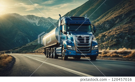 close up image of a european blue semi truck 120457016