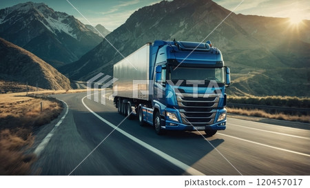 close up image of a european blue semi truck 120457017