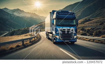 close up image of a european blue semi truck 120457072