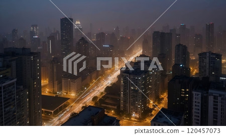 fog in the city nighttime scene 120457073