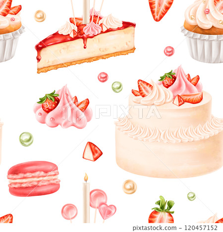 Seamless pattern with berry confectionery. Cake, cheesecake, cupcake, macaroon decorated with juicy strawberries, cream, cream, lollipops. Decorations for parties, holidays. Hand drawing, background 120457152