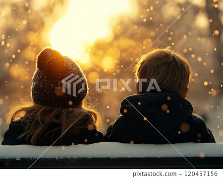 Two children sitting on a snowy bench watching a golden winter sunset with snowflakes 120457156