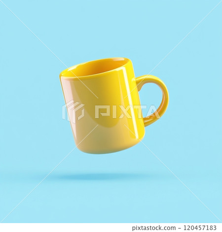3D icon of a coffee mug floating in the air, yellow in color with a blue background.  120457183