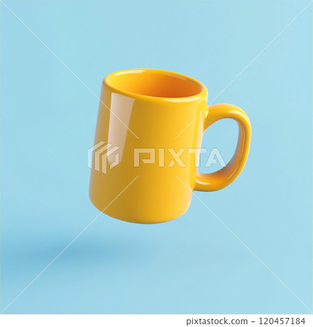 3D icon of a coffee mug floating in the air, yellow in color with a blue background.  120457184