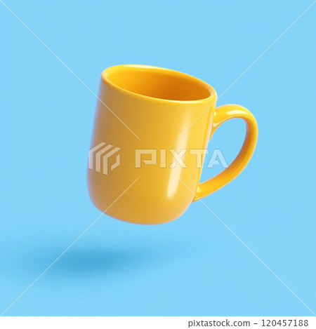 3D icon of a coffee mug floating in the air, yellow in color with a blue background.  120457188