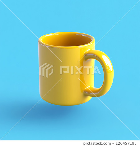 3D icon of a coffee mug floating in the air, yellow in color with a blue background.  3D icon of a coffee mug floating in the air, yellow in color with a blue background.  120457193