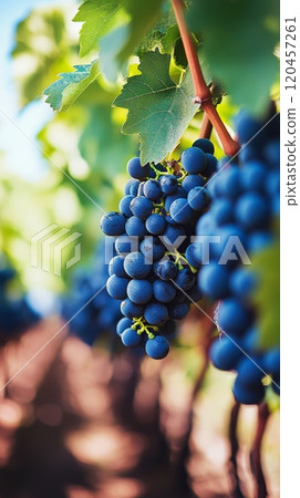 Freshly harvested grapes hanging on the vine in a lush vineyard during sunny weather 120457261