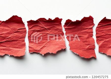 Red textured surface with torn edges displayed against a neutral wall background 120457275