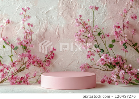 A serene display with pink blossoms against a blue wall and minimalist circular pedestal 120457276