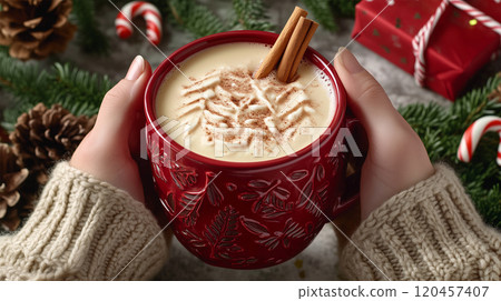 Hot chocolate with cinnamon sticks. Hot chocolate with cinnamon sticks. 120457407