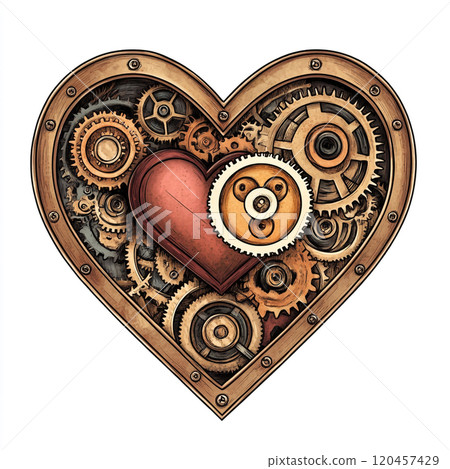 A steampunk-inspired heart with gears and cogs illustration on a white background. A steampunk-inspired heart with gears and cogs illustration on a white background. 120457429