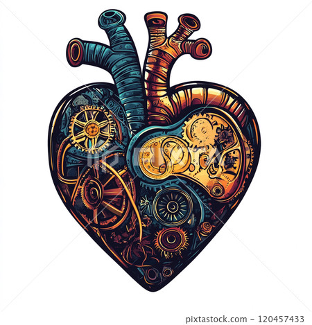 A steampunk-inspired heart with gears and cogs illustration on a white background. 120457433