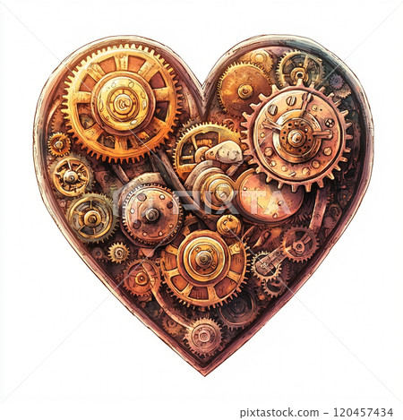 A steampunk-inspired heart with gears and cogs illustration on a white background. 120457434