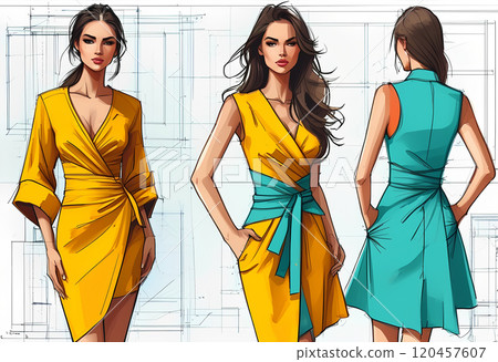 Technical flat fashion sketch - wrap dresses - woman clothes 120457607