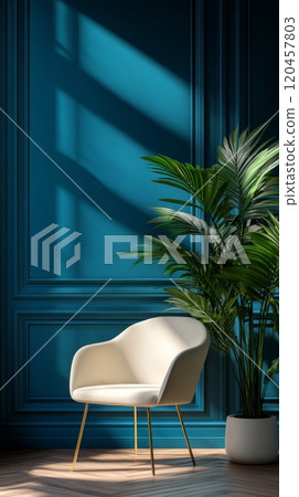 Cozy chair beside a large green plant against a blue wall in a sunlit room during the day 120457803