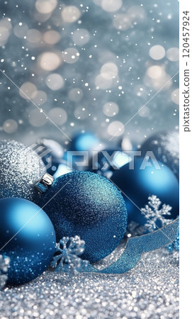 Decorative blue and silver Christmas ornaments with snowflakes on a sparkling background Decorative blue and silver Christmas ornaments with snowflakes on a sparkling background 120457924