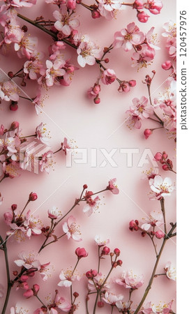Beautiful cherry blossom branch with delicate pink flowers against a soft pink background 120457976