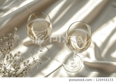 Elegant glasses of sparkling wine illuminated by soft sunlight on a neutral backdrop Elegant glasses of sparkling wine illuminated by soft sunlight on a neutral backdrop 120458133