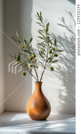 An olive branch arrangement in a rustic vase against a softly lit background An olive branch arrangement in a rustic vase against a softly lit background 120458134