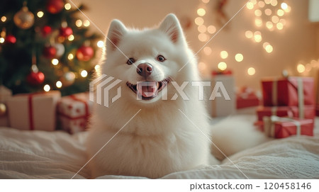 A happy dog surrounded by gifts and festive decorations during the holiday season 120458146