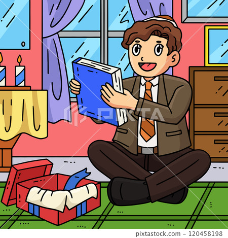 Bar Mitzvah Boy with a Book Gift Colored Cartoon 120458198