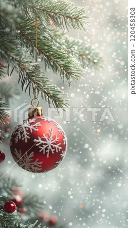 A red ornament with a snowflake hangs from a frosted pine branch during a snowy winter day 120458308