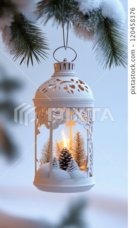 A cozy winter lantern hanging among frosted pine branches with pinecones illuminated by soft lights 120458376