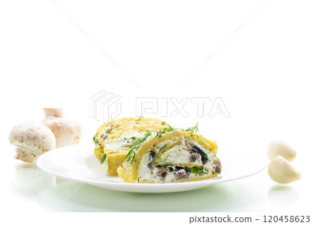 baked potato roll with cottage cheese filling with garlic and mushrooms, isolated on white background 120458623