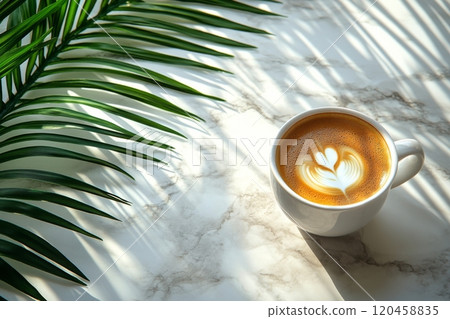 Warm coffee cup with latte art resting on marble surface beside green palm leaf in sunlight 120458835