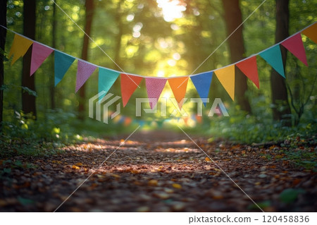 Decorative flags hang above a wooden deck with colorful confetti in a vibrant forest setting 120458836