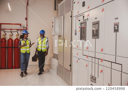 Electrical engineer team are working in control room. Electrical engineer man checking Power Distribution Cabinet in the control room Electrical engineer team are working in control room. Electrical engineer man checking Power Distribution Cabinet in the control room 120458998