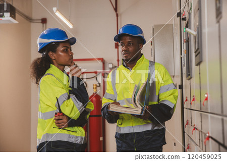Electrical engineer team are working in control room. Electrical engineer man checking Power Distribution Cabinet in the control room 120459025