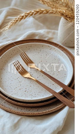 Simple dining setup featuring rustic plates and dried wheat on a soft linen background 120459260