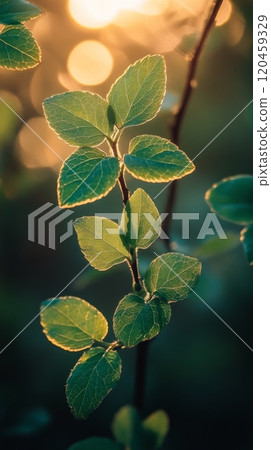 Green leaves on a branch in a softly lit forest during late springtime 120459329