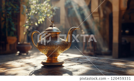A golden ornate teapot resting on a wooden table in a sunny park near a flowing river in autumn 120459331