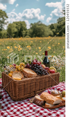A sunny picnic setup in a field of sunflowers with wine, bread, and fresh fruits 120459332