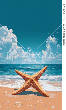 A large starfish rests on the sandy beach with vibrant blue ocean and fluffy white clouds A large starfish rests on the sandy beach with vibrant blue ocean and fluffy white clouds 120459371