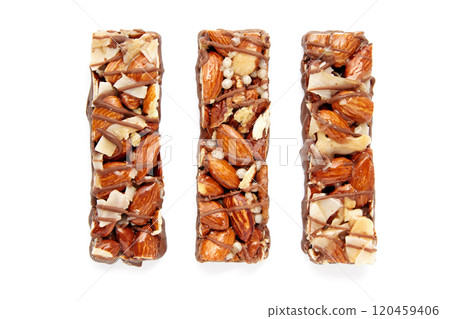 three nutritious protein bars with nuts and caramel and chocolate isolated on white background 120459406