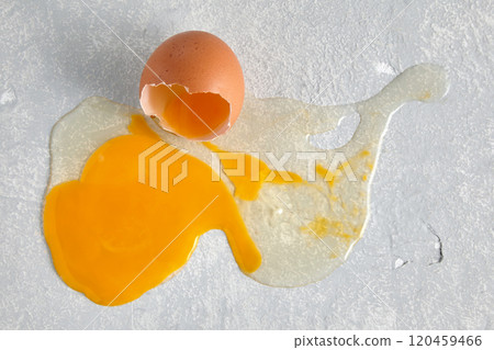 a broken and leaking chicken egg that fell on a concrete floor a broken and leaking chicken egg that fell on a concrete floor 120459466