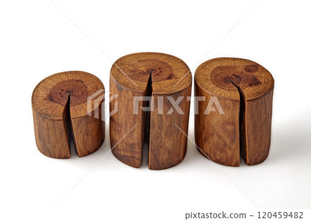 three brown walnut wood cuts with cracks for product demonstration isolated on white background three brown walnut wood cuts with cracks for product demonstration isolated on white background 120459482