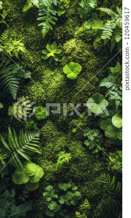 Lush green moss and ferns covering the forest floor in a tranquil woodland setting 120459617