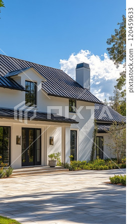 Modern house with striking architecture in a suburban neighborhood on a sunny day 120459633