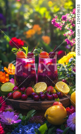 Refreshing fruit cocktails displayed amidst vibrant flowers in a sunny garden setting Refreshing fruit cocktails displayed amidst vibrant flowers in a sunny garden setting 120459638