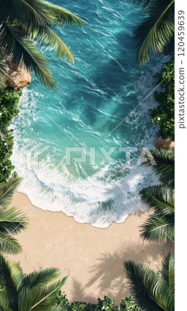 Aerial view of a serene tropical beach with clear water and lush palm trees at midday Aerial view of a serene tropical beach with clear water and lush palm trees at midday 120459639