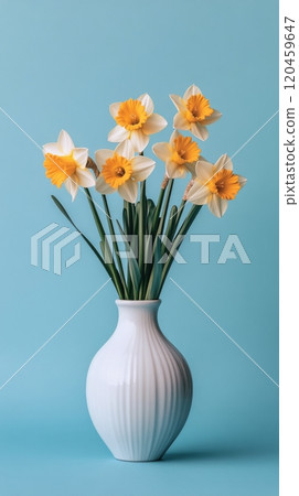Bright yellow daffodils arranged in a white vase against a blue background in a bright setting 120459647