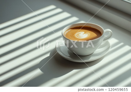 A tranquil cup of coffee rests on a white table in sunlight with soft shadows casting around 120459655