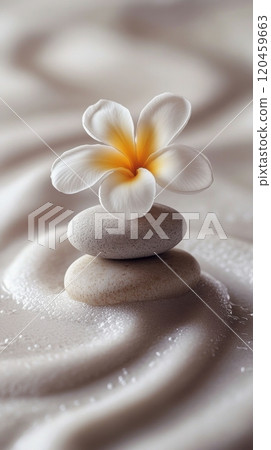 Delicate white flower placed on stacked pebbles resting on soft sand during a tranquil day 120459663