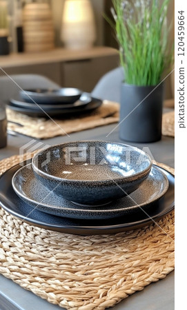 Elegant table setting featuring black dishes and woven placemats in a modern dining area 120459664