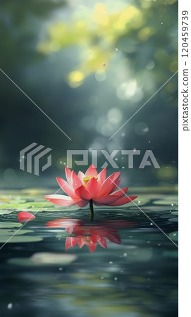 A beautiful pink lotus flower blooming in tranquil waters surrounded by green lily pads 120459739