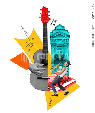 Poster. Contemporary art collage. Guitar, saxophonist, and classical building, intertwined with abstract shapes and colorful keyboard to celebrate jazz and creativity. 120459759